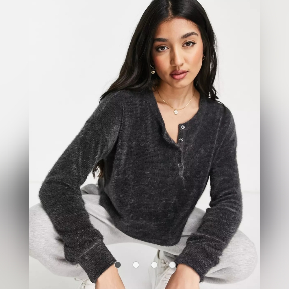 Hollister Henley Long Sleeve Top In Dark Grey